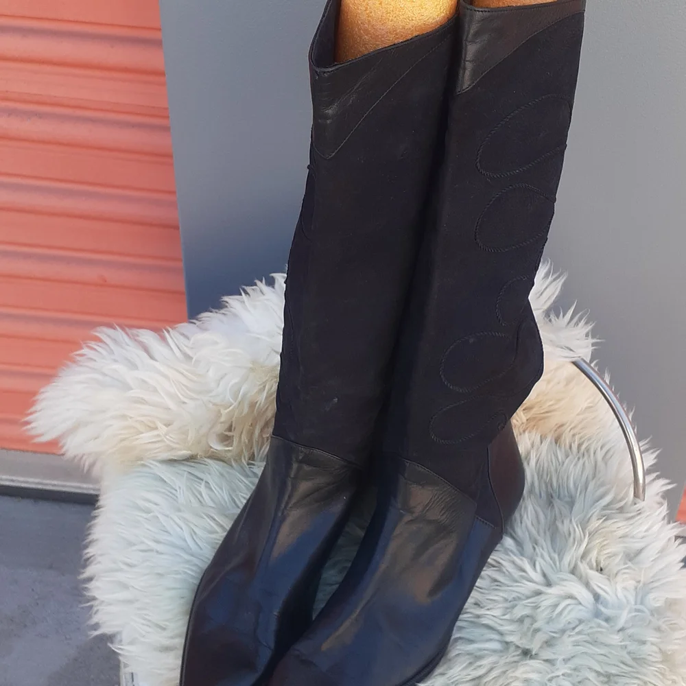 VTG Chantal Knee High Suede Leather Boots Black Size 8 M Italy